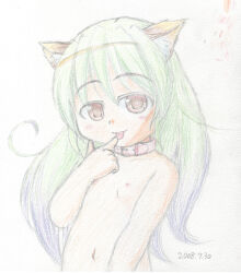 00s 1girl 2008 animal_ears blush brown_eyes cat_ears cat_girl collar collarbone dated finger_to_mouth flat_chest green_hair july loli long_hair navel nipples nude original smile standing tomii_(pixiv_110563) tongue tongue_out upper_body white_background
