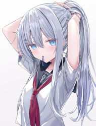 Rule 34 | 1girl, arms up, black sailor collar, blue eyes, braiding hair, commentary, expressionless, hair between eyes, hair ornament, hair scrunchie, hairdressing, hibiki (kancolle), highres, kantai collection, long hair, looking at viewer, mouth hold, neckerchief, ponytail, red neckerchief, sailor collar, school, scrunchie, shikuro (iorimiyakiyo), shirt, short sleeves, sidelocks, simple background, solo, upper body, white background, white hair, white shirt