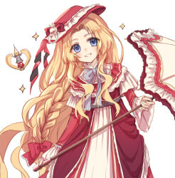 1girl alfin_reise_arnor blonde_hair blue_eyes bow bowtie braid curtained_hair dress eiyuu_densetsu hair_bow holding holding_umbrella long_hair looking_at_viewer sen_no_kiseki_(series) simple_background single_braid smile solo umbrella upper_body very_long_hair white_background willfin