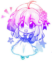 1990s_(style) 1girl acolyte_(ragnarok_online) ahoge artist_name capelet chibi chibi_only commentary_request dated flower full_body gloves hat hat_flower long_hair looking_at_viewer open_mouth ragnarok_online rainbow_gradient retro_artstyle shirt simple_background skirt smile solo takaha_momo waving