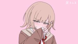 1girl blush brown_eyes brown_hair covering_own_mouth danganronpa_(series) danganronpa_2:_goodbye_despair danganronpa_3_(anime) galaga hand_up highres hope&#039;s_peak_academy_school_uniform jacket medium_hair nanami_chiaki neck_ribbon red_ribbon ribbon school_uniform solo spaceship_hair_ornament sweat translation_request yuru_keki