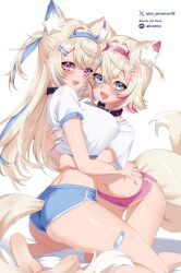 2girls alternate_costume animal_collar animal_ear_fluff animal_ears bandaid bandaid_hair_ornament bandaid_on_leg barefoot black_collar blonde_hair blue_eyes blue_hair blue_hairband blue_shorts breasts collar commentary cropped_shirt crossed_bangs dog_ears dog_girl dog_tail double-parted_bangs english_commentary extra_ears fang fuwawa_abyssgard hair_between_eyes hair_ornament hairband hairclip highres hololive hololive_english horn_hairband hug large_breasts long_hair looking_at_viewer median_furrow micro_shorts mococo_abyssgard multicolored_hair multiple_girls navel oioi_ainomo open_mouth paid_reward_available pink_eyes pink_hair pink_hairband pink_shorts shirt short_hair short_shorts short_sleeves shorts siblings simple_background sisters skin_fang soles spiked_collar spikes streaked_hair t-shirt tail twins two_side_up virtual_youtuber white_background white_shirt x_hair_ornament