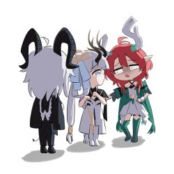 3girls black_collar black_horns black_jacket black_pants black_tail ciaccona_(wuthering_waves) coat collar commentary cryne curled_horns demon_tail dress eastern_dragon_horns english_commentary green_jacket green_thighhighs hand_on_own_hip highres horns jacket jacket_on_shoulders jinhsi_(wuthering_waves) looking_at_another multiple_girls pants pointy_ears red_hair simple_background tail thighhighs tree_horns white_background white_coat white_dress white_eyes white_hair wuthering_waves zani_(wuthering_waves)