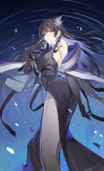 1girl absurdres bare_shoulders black_dress black_gloves black_hair blue_eyes breasts closed_mouth collar collared_dress commentary dress elbow_gloves flantia flower from_below gloves hair_flower hair_ornament highres large_breasts long_hair looking_at_viewer night night_sky original sky sleeveless sleeveless_dress solo star_(sky) white_collar