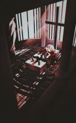 1other altar blood blood_in_hair death guro hair_over_one_eye highres horror_(theme) human_sacrifice indoors iolite1018 jaggy_lines limited_palette lying on_back original other_focus restrained solo sunlight tile_floor tiles wide_shot window