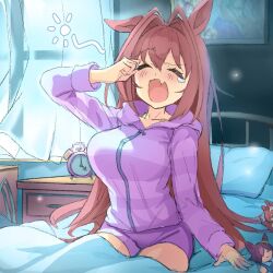 Rule 34 | 1girl, alarm clock, alternate hairstyle, animal ears, bed, blush, breasts, brown hair, character doll, clock, closed eyes, commentary request, curtains, daiwa scarlet (umamusume), doll, fang, hair between eyes, hair down, hair intakes, hood, hood down, hooded jacket, horse ears, horse girl, indoors, jacket, large breasts, long hair, open mouth, over go au, pillow, purple jacket, purple shorts, rubbing eyes, short shorts, shorts, sitting, skin fang, solo, umamusume, very long hair, vodka (umamusume), waking up, window, yawning