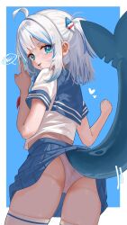 1girl absurdres ahoge ass blue_eyes blue_nails blue_skirt ch1ckpyo finger_to_mouth fins fish_tail gawr_gura highres hololive hololive_english index_finger_raised loli looking_at_viewer nail_polish panties pantyshot school_uniform see-through_clothes see-through_panties serafuku shark_tail shushing skirt solo tail thighhighs thighs underwear virtual_youtuber white_hair
