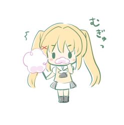 1girl ^^^ black_eyes blonde_hair blush_stickers chibi commentary_request cotton_candy fake_facial_hair foam_mustache food hair_between_eyes hair_intakes hair_ornament hand_up holding holding_cotton_candy holding_food hoshimame_mana long_hair looking_at_viewer school_uniform shirt simple_background skirt solo standing summer_pockets tsumugi_wenders twintails white_background white_skirt x_hair_ornament yellow_shirt