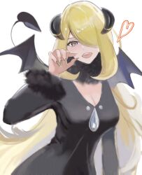 1girl black_coat black_horns black_tail black_wings blonde_hair breasts cleavage coat cowboy_shot cynthia_(pokemon) demon_girl demon_horns demon_tail demon_wings fingernails hair_over_one_eye highres horns long_fingernails long_hair medium_breasts nintendo pokemon pokemon_dppt revision ringosan2329 simple_background solo tail very_long_hair white_background wings