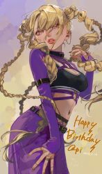 1girl absurdres belt_buckle belt_collar black_bra blonde_hair bra buckle character_name collar commentary_request dated ear_chain gold_nails gradient_background happy_birthday highres jewelry kaminari_qpi linked_piercing long_hair midriff nail_polish navel navel_piercing orange_eyes orange_nails parted_lips piercing purple_shrug quad_braids ring shrug_(clothing) solo sports_bra underwear very_long_hair virtual_youtuber vspo! zoramaruta
