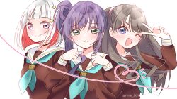 3girls ;d absurdres aqua_neckerchief blush bob_cut brown_dress brown_hair closed_mouth colored_inner_hair commentary_request diagonal_bangs dress fujishima_megumi green_eyes hair_bun hair_ornament hasu_no_sora_school_uniform heart heart_of_string highres inverted_bob link!_like!_love_live! locked_arms long_hair long_sleeves looking_at_viewer love_live! multicolored_hair multiple_girls neckerchief notice_lines one_eye_closed open_mouth otomune_kozue pink_eyes purple_eyes purple_hair red_hair ririn_(ririn_501) sailor_collar sailor_dress school_uniform short_hair side_ponytail sidelocks simple_background single_side_bun smile split_mouth star_(symbol) star_hair_ornament streaked_hair twitter_username two_side_up upper_body v v_over_head virtual_youtuber white_background white_hair white_sailor_collar winter_uniform yugiri_tsuzuri