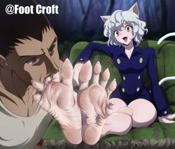 1boy 1girl absurdres animal_ears barefoot black_hair brown_eyes cat_ears cat_tail couch fang feet foot_croft foot_focus gon_freecss highres hunter_x_hunter neferpitou open_mouth short_hair soles tail toes
