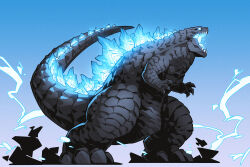 blue_background blue_eyes chibi claws crossover dinosaur electricity energy giant giant_monster glowing glowing_eyes glowing_mouth glowing_spikes godzilla godzilla_(series) godzilla_x_kong:_the_new_empire highres kaiju king_kong_(series) legendary_pictures monster monsterverse no_humans onion_maru open_mouth roaring shadow sharp_teeth spikes tail teeth toho tongue two-tone_background white_background