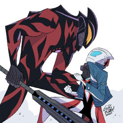 ! 2boys alien artist_name black_skin blue_eyes blue_jacket clenched_hand clothes_grab color_timer colored_skin commentary_request dated dust father_and_son frown giga_battlenizer gurihiru hand_on_another&#039;s_arm holding holding_weapon jacket jacket_grab looking_at_another male_focus multicolored_skin multiple_boys no_pupils popped_collar red_skin signature silver_skin simple_background smoke tokusatsu ultra_series ultraman_belial ultraman_geed ultraman_geed_(series) weapon white_background yellow_eyes