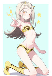 1girl absurdres alternate_costume animal_print armpits bikini blush border commentary_request cone_horns cosplay earrings flat_chest flipped_hair full_body fur_bikini gakuen_idolmaster groin highres horns idolmaster jewelry kneeling light_smile lightning_bolt_symbol loli long_hair looking_at_viewer lum lum_(cosplay) navel pointing pointing_at_viewer print_bikini print_socks ribs shinosawa_hiro shubashuba skinny socks star_(symbol) stomach stud_earrings swimsuit tiger_print urusei_yatsura very_long_hair white_border