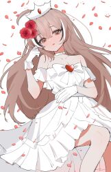1girl ahoge alternate_costume brown_eyes brown_hair crown dress falling_petals flower frilled_dress frills gloves hana20000920 heart-shaped_ornament highres hololive hololive_english long_hair looking_at_viewer multicolored_hair nanashi_mumei off-shoulder_dress off_shoulder open_mouth petals red_flower red_rose ribbon rose streaked_hair very_long_hair virtual_youtuber white_crown white_dress white_gloves white_ribbon