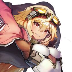 1girl ammunition_pouch arms_behind_head blonde_hair bodysuit bodysuit_under_clothes breasts covered_erect_nipples female_focus game_cg goggles goggles_on_head hair_between_eyes hair_tuft head_tilt high_collar jacket last_origin long_hair long_sleeves looking_at_viewer official_art p-24_pinto paintale parted_lips pinto_(last_origin) pouch red_eyes small_breasts smile stretching teeth tight_clothes transparent_background upper_body