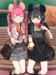 2girls absurdres bench black_bag black_hair black_shirt black_shoes black_skirt blue_bow blue_hair blue_nails blush bow brown_bag closed_eyes closed_mouth collarbone colored_tips commentary_request cup eating food food_on_face green_eyes grey_skirt hair_bow highres hinamizawa_hinami_(tetto) holding holding_cup holding_food igarashi_ritsu_(tetto) long_hair multicolored_hair multiple_girls nail_polish original pink_bow pink_hair pink_nails pink_shirt shirt shoes sitting skirt tetto_(onnoveltet) twintails