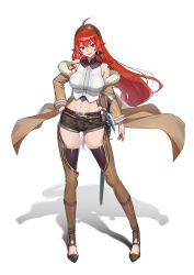 Rule 34 | 1girl, absurdres, bare shoulders, black thighhighs, boots, breasts, coat, crop top, crop top overhang, cropped shirt, eris greyrat, headband, highres, large breasts, long hair, looking at viewer, mo (mo80 rr), mushoku tensei, navel, open mouth, red eyes, red hair, shirt, shorts, side slit, side slit shorts, skindentation, solo, stomach, sword, thigh boots, thighhighs, very long hair, weapon, white shirt, zettai ryouiki