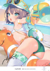 Rule 34 | 1girl, absurdres, arm strap, ass, back, bag, bare shoulders, barefoot, baseball cap, bikini, bikini bottom only, blue sky, blush, breasts, clothes lift, crop top, day, eyewear on headwear, green bikini, green eyes, grey hair, hat, henreader, highres, inflatable toy, looking at viewer, looking back, non-web source, one side up, open mouth, original, outdoors, pool, poolside, shark, shirt, shirt lift, short hair, shoulder bag, single thighhigh, sky, small breasts, soles, solo, sunglasses, swimsuit, thighhighs, toes, underboob, water gun, wet, white shirt, wristband
