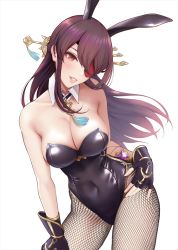 Rule 34 | 1girl, animal ears, bare shoulders, beidou (genshin impact), breasts, brown eyes, brown hair, collarbone, covered navel, edogawa roman, eyepatch, fake animal ears, fingerless gloves, fishnets, genshin impact, gloves, large breasts, leaning forward, leotard, long hair, pantyhose, parted lips, playboy bunny, rabbit ears, resolution mismatch, simple background, smile, solo, source larger, white background