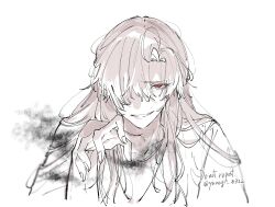 1boy black_smoke chinese_clothes collarbone greyscale grin gymnasium119 hair_down hair_over_one_eye half_updo hand_up hanfu highres long_hair looking_at_viewer male_focus modao_zushi monochrome official_alternate_hairstyle parted_lips red_eyes robe simple_background sketch smile smoke solo spot_color twitter_username upper_body wei_wuxian wei_wuxian_(yiling_laozu) white_background