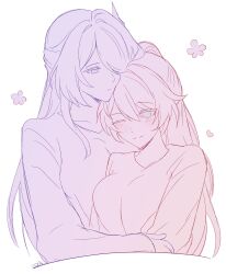 2girls absurdres acheron_(honkai:_star_rail) alternate_costume blue_eyes breasts closed_mouth commentary english_commentary flat_color hair_ornament hair_over_one_eye highres honkai:_star_rail honkai_(series) honkai_impact_3rd hug kiana_kaslana large_breasts light_blush long_hair looking_at_another multiple_girls one_eye_closed purple_eyes purple_theme samlatte shirt signature simple_background smile white_background yuri