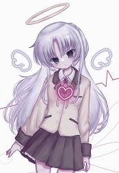 1girl angel_beats! black_skirt blazer blush brooch cardiogram closed_mouth collared_shirt cowboy_shot curtained_hair dot_mouth grey_hair halo hashtag-only_commentary head_tilt heart highres imydestination jacket jewelry long_hair long_sleeves looking_at_viewer miniskirt neck_ribbon pleated_skirt ribbon school_uniform shirt sidelocks skirt solo standing string string_of_fate tachibana_kanade traditional_halo white_background white_shirt yellow_eyes yellow_jacket