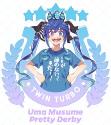 1girl @_@ ahoge animal_ears aqua_hair blue_eyes blue_hair blue_shirt bow character_name commentary_request copyright_name crossed_bangs hair_bow hands_on_own_hips heterochromia highres horse_ears horse_girl long_hair multicolored_hair nm222hz open_mouth outline purple_eyes sharp_teeth shirt short_sleeves sidelocks solo star_(symbol) straight-on striped_bow teeth twin_turbo_(umamusume) twintails two-tone_hair umamusume upper_body white_background white_outline