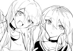 2girls bang_dream! bang_dream!_it&#039;s_mygo!!!!! chihaya_anon choker fang girls_band_cry grey_hair greyscale heart heart_choker hibioes highres kawaragi_momoka long_hair monochrome multicolored_hair multiple_girls open_mouth roots_(hair) teeth upper_body upper_teeth_only very_long_hair