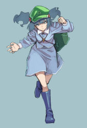 1girl backpack bag blue_background blue_boots blue_eyes blue_hair blue_shirt blue_skirt boots newsboy_cap clenched_hand closed_mouth collared_shirt commentary_request eyebrows_hidden_by_hair floating_hair full_body glaring green_bag green_hat hair_between_eyes hair_bobbles hair_ornament hat jewelry kawashiro_nitori key key_necklace knee_boots long_sleeves looking_at_viewer medium_skirt necklace rubber_boots running shiratama_(hockey) shirt short_hair sidelocks simple_background skirt solo standing standing_on_one_leg touhou two_side_up v-shaped_eyebrows