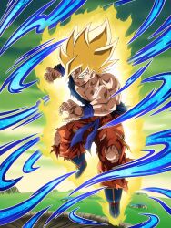 Rule 34 | 1boy, absurdres, aura, blonde hair, dokkan battle, dragon ball, green eyes, highres, muscular, muscular male, official art, scratches, serious, solo, son goku, super saiyan, torn clothes