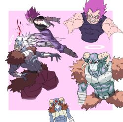 2boys absurdres battle battle_damage dragon_ball dragon_ball_super fighting_stance gloves highres koralldiz male_focus moro_(dragon_ball) multiple_boys purple_hair saiyan spiked_hair super_saiyan ultra_ego_(dragon_ball) vegeta