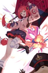 1girl absurdres ahoge asymmetrical_legwear black_boots black_sailor_collar black_skirt boots bow green_eyes hashtag-only_commentary highres holding holding_umbrella kama_(zenless_zone_zero) knee_boots long_hair long_sleeves looking_at_viewer open_mouth pongdo red_hair sailor_collar skirt smile solo striped_clothes striped_thighhighs teeth thigh_strap thighhighs ukinami_yuzuha umbrella uneven_legwear upper_teeth_only white_bow zenless_zone_zero