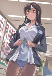 1girl black_hair blazer blue_leotard brown_eyes collared_shirt commentary_request commission covered_navel cowboy_shot dress_shirt dutch_angle grey_jacket highres indoors jacket leotard leotard_under_clothes long_hair nikulas_cage office open_clothes open_shirt original pixiv_commission shirt solo white_shirt window