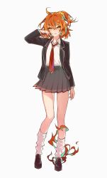 1girl absurdres ahoge black_jacket collared_shirt fate/grand_order fate_(series) fujimaru_ritsuka_(female) full_body grey_skirt hair_ornament hair_scrunchie highres id_(fate/grand_order) iralion jacket necktie official_alternate_costume orange_eyes orange_hair pleated_skirt pseudo-tokyo_school_uniform red_necktie school_uniform scrunchie shirt short_hair side_ponytail skirt solo white_background white_shirt yellow_scrunchie