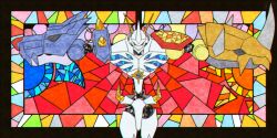 Rule 34 | black border, border, closed eyes, cowboy shot, digimon, digimon (creature), horns, manchi kansuke, mecha, missing commentary, omegamon, outstretched arms, robot, solo, spread arms, stained glass