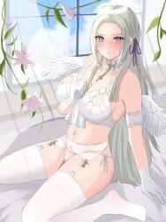 1girl absurdres alternate_breast_size bare_shoulders blonde_hair blush bra breasts cleavage clenched_hand closed_mouth collarbone commentary_request curtains detached_collar edelgard_von_hresvelg fake_wings feathered_wings fire_emblem fire_emblem:_three_houses flower garter_belt gloves glowing glowing_halo hair_ribbon halo hand_up highres indoors large_breasts leaning_to_the_side long_hair looking_at_viewer looking_to_the_side navel nintendo on_bed panties parted_bangs peli_cantaro plant pout purple_eyes purple_ribbon ribbon see-through_clothes shade sideboob sitting skindentation solo stomach sweatdrop thick_thighs thighhighs thighs underwear vines wariza white_bra white_gloves white_panties white_thighhighs wind window wings wrist_cuffs