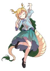 1girl alphes_(style) antlers aqua_skirt arm_up black_shoes blonde_hair blue_bow blue_shirt bow closed_eyes closed_mouth collarbone commentary_request dairi dragon_girl dragon_tail facing_viewer fighting_stance full_body highres horns kicchou_yachie large_variant_set mary_janes medium_skirt parody shirt shoes short_hair skirt smile socks solo standing standing_on_one_leg style_parody tachi-e tail touhou transparent_background turtle_shell variant_set white_socks