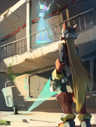 Rule 34 | 2boys, armor, blonde hair, blue robe, cyber elf x (mega man), from behind, glowing, halo, helmet, highres, holding, holding sword, holding weapon, long hair, male focus, mega man (series), mega man zero (series), multiple boys, omochi (mochi skymega), red armor, red helmet, robe, standing, sword, weapon, x (mega man), z saber, zero(z) (mega man), zero (mega man)