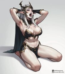 1girl absurdres arm_guards armor armpits black_lips blush breastplate breasts cape dark_elves_(warhammer_fantasy) earrings eyeshadow fangs feet full_body helmet highres jewelry legs makeup medium_hair nnnmengmeng open_mouth pelvic_curtain pointy_ears purple_eyeshadow shoulder_armor simple_background sitting solo_focus toes twitter_username warhammer_fantasy white_background white_hair