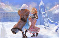 Rule 34 | 2girls, :d, black boots, blonde hair, blue eyes, blue sky, boots, brown coat, brown jacket, brown skirt, building, button up skirt, coat, facing another, facing away, full body, green pants, headscarf, highres, holding hands, jacket, koiii (ichikakoiii), ladder, layered skirt, long hair, long skirt, multiple girls, open mouth, outdoors, pants, red headscarf, red scarf, reverse:1999, scarf, shirt, skirt, sky, smile, snow, standing, vila (reverse:1999), white hair, white shirt, windsong (reverse:1999), yuri