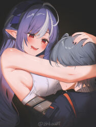 1boy 1girl armpit_crease bare_shoulders black_nails blush breasts commentary dark_background denim denim_jacket drooling english_commentary face_to_breasts grey_hair hug jacket large_breasts long_hair looking_at_another mole mole_under_eye multicolored_hair nail_polish open_mouth pointy_ears purple_hair red_eyes sideboob sidelocks smile streaked_hair sweatdrop twitter_username vivian_banshee wise_(zenless_zone_zero) zenless_zone_zero zinkaa