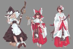 3girls apron bare_shoulders black_dress blonde_hair bow broom brown_hair buttons commentary double-breasted dress fox_mask frilled_apron frilled_bow frills full_body gensokyo&#039;s_first_hakurei_miko gohei grey_background hair_bow hakama hakama_skirt hakurei_reimu hat holding holding_broom holding_gohei japanese_clothes katana kirisame_marisa looking_at_viewer mask miko multiple_girls nerojiin nontraditional_miko open_mouth red_hakama sandals sheath sheathed shoe_soles simple_background skirt smile socks sword symbol-only_commentary tabi touhou weapon white_apron white_socks wide_sleeves witch_hat yin_yang zouri