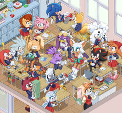 amy_rose barry_the_quokka blaze_the_cat book box card carrot chair chao_(sonic) chaos_emerald classroom door drawing dstears everyone furry furry_female furry_male handheld_game_console highres knuckles_the_echidna lanolin_the_sheep neutral_chao pink_shoes rouge_the_bat sally_acorn school_uniform shadow_the_hedgehog shoes silver_the_hedgehog sonic_(series) sonic_boom_(series) sonic_colors sonic_riders_(series) sonic_the_hedgehog sonic_the_hedgehog_(archie_comics) sonic_the_hedgehog_(idw) sticks_the_badger table tails_(sonic) tangle_the_lemur the_murder_of_sonic_the_hedgehog toy toy_hammer toy_robot vanilla_the_rabbit wardrobe wave_the_swallow whisper_the_wolf wisp_(sonic) yacker_the_wisp yellow_shoes