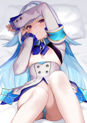 1girl arm_over_head armband arou_(arrow_x666) bed_sheet blue_hair blue_panties blue_skirt blunt_bangs blush breasts buttons clenched_teeth collared_shrug colored_inner_hair commentary double-breasted frilled_sleeves frills grey_hair hand_up head_on_pillow high-waist_skirt highres knees_up lize_helesta lize_helesta_(1st_costume) long_hair long_sleeves looking_at_viewer lying multicolored_hair nijisanji nipples no_shirt on_back panties pillow pleated_skirt purple_eyes shrug_(clothing) skirt sleeves_past_wrists small_breasts solo teeth underwear very_long_hair virtual_youtuber
