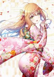 1boy ahoge androgynous ass hair_ornament hairpin highres huge_ass japanese_clothes kimono long_hair natsusora_wakana new_year novady obi orange_hair original pink_kimono sash smile star_(symbol) trap wide_hips yellow_eyes
