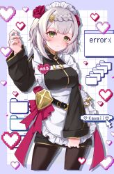 1girl apron black_jacket black_pantyhose border braid breasts cowboy_shot cropped_legs english_text flower frilled_apron frilled_hairband frills genshin_impact green_eyes grey_hair grid_background hair_flower hair_ornament hairband heart highres jacket large_breasts noelle_(genshin_impact) pantyhose pixel_art_inset pixel_heart purple_border red_flower red_rose ribbon rose short_hair track_jacket tsukine122 waist_apron white_apron