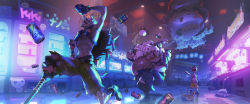 absurdres arcade arcade_cabinet arnold_tsang blizzard_(company) blunt_bangs blush_stickers cameo carrying cat closed_eyes company_connection crane_game crying diablo diablo_(series) diablo_2 drinking fingerless_gloves gloves heroes_of_the_storm highres junkrat_(overwatch) lips male_focus mechanical_arms metal_slug octopus official_art open_mouth overwatch overwatch_1 pachimari parody parted_lips peg_leg pointing roadhog_(overwatch) running single_mechanical_arm sleeveless spikes standing starcraft starcraft_2:_wings_of_liberty street_fighter tamanegitako tattoo tears topless_male translation_request tychus_findlay tyrael unused_tire