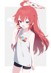 1girl absurdres baozi_9527 black_shorts blue_archive blue_eyes bright_pupils cowboy_shot english_text halo highres light_blush long_hair maki_(blue_archive) open_mouth red_hair red_halo shirt shorts solo white_pupils white_shirt yawning